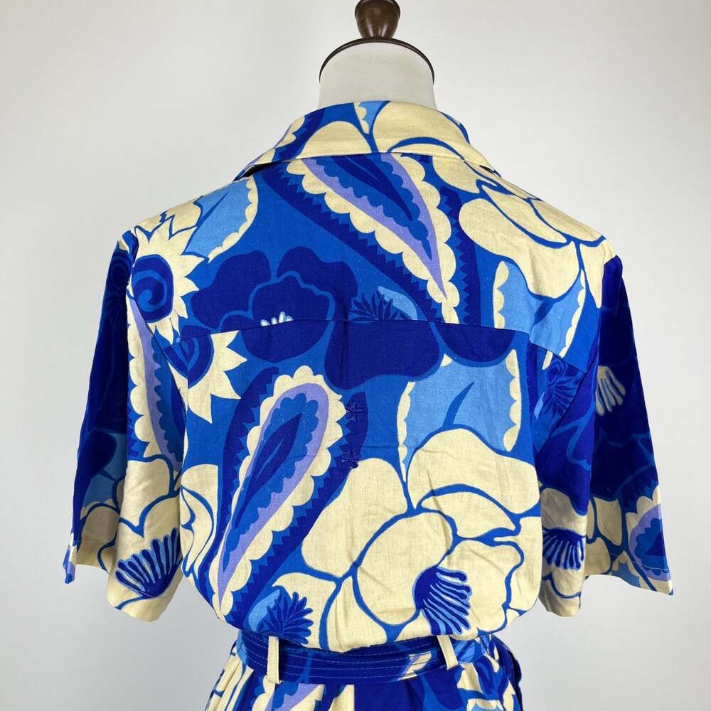 NWOT Farm Rio Linen-Blend Tropical Groove Belted Romper Blue Floral Size S - Picture 6 of 12